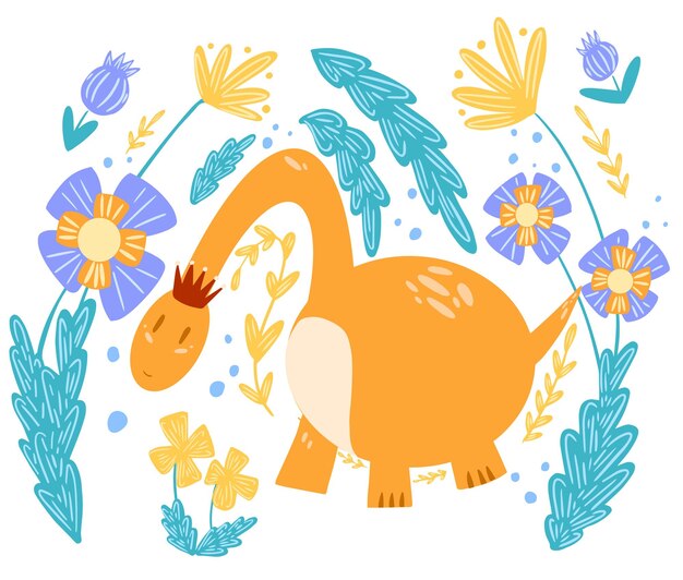 Ilustración de una princesa dinosaurio con flores sobre un fondo blanco.