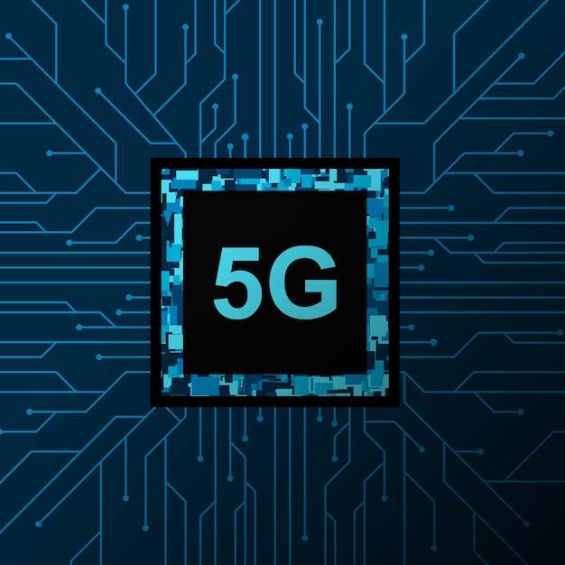 Vector ilustración del procesador de red 5g. internet inalámbrico móvil de próxima generación. microchip futurista