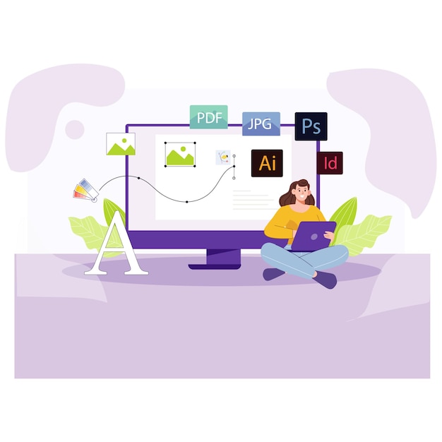 Ilustración del proceso de diseño gráfico moderno en formato vectorial