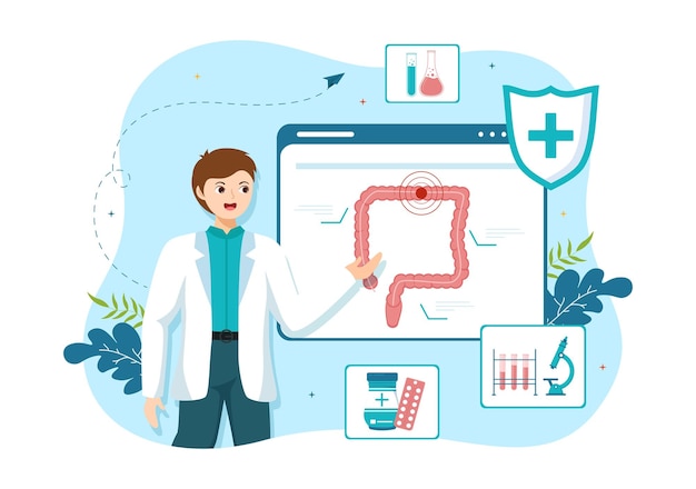 Ilustración de proctólogo o colonoscopia con un médico examina el colon en plantillas dibujadas a mano