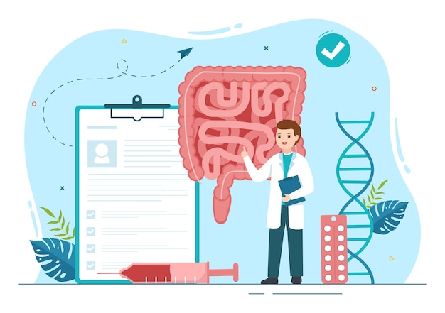 Ilustración de proctólogo o colonoscopia con un médico examina el colon en plantillas dibujadas a mano