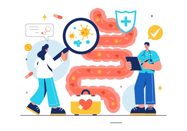 Ilustración de un proctólogo o colonoscopia con un médico examinando el colon y mostrando bacterias dañinas en un fondo de dibujos animados de estilo plano
