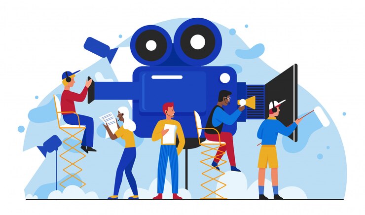 Vector ilustración de producción de cine. equipo de personas de cineastas planos de dibujos animados haciendo películas, pequeño camarógrafo filmando una película de video en el estudio. industria de entretenimiento visual multimedia aislado en blanco