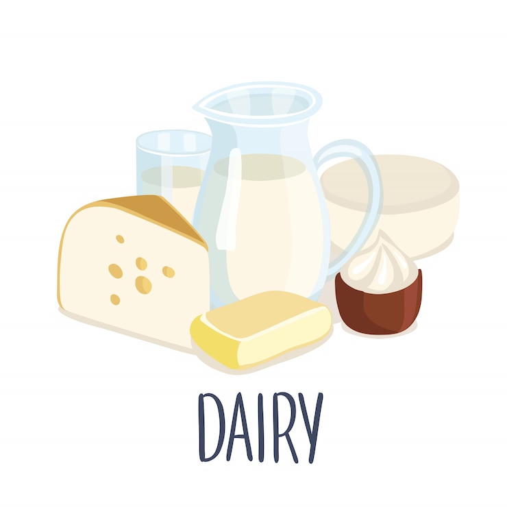 Vector ilustración de la producción de lácteos y letras de escritura a mano. jarra de leche, mantequilla, un vaso de leche, crema agria, requesón, queso