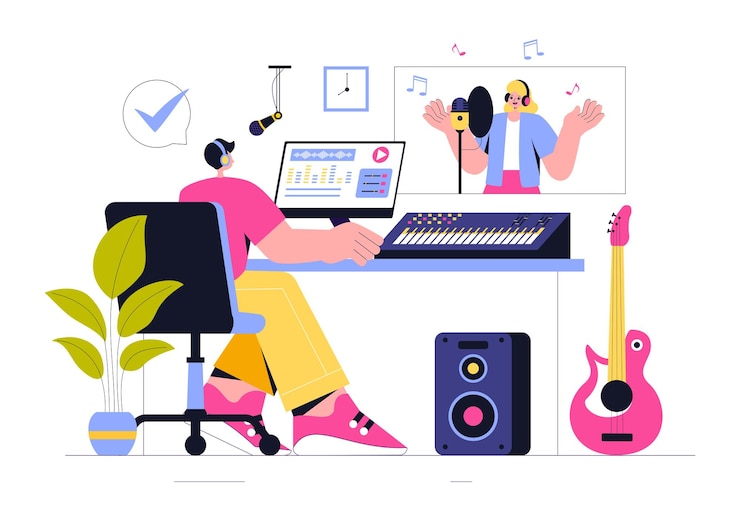 Vector ilustración de producción musical con personas escuchando y grabando música un podcast de audio o un programa en línea con equipo de estudio profesional