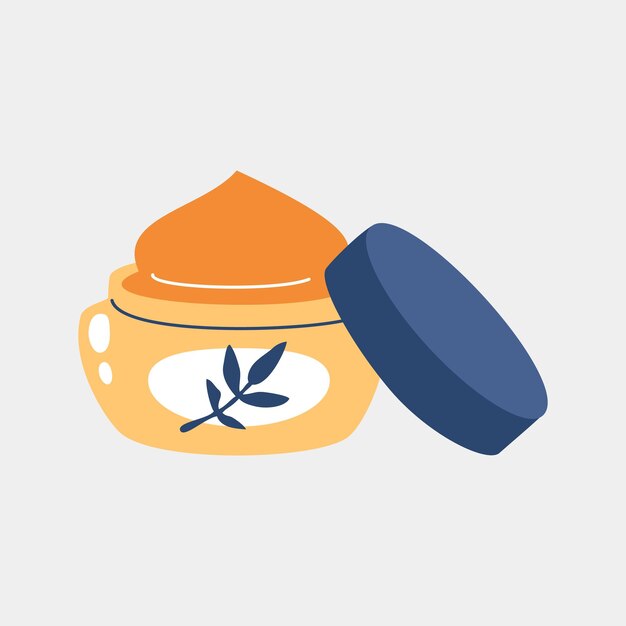 Ilustración de producto para el cuidado de la piel frasco abierto de crema con emblema de hoja de ingrediente natural