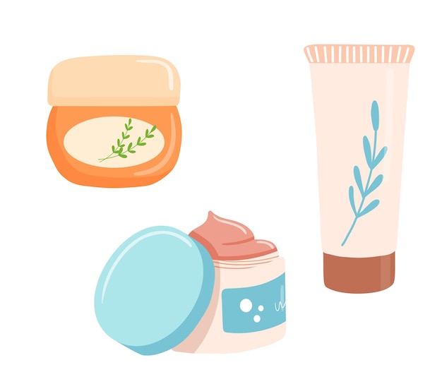 Vector ilustración de productos para el cuidado de la piel loción corporal raspado y crema jabón líquido objeto cosmético plano en tubo con hoja