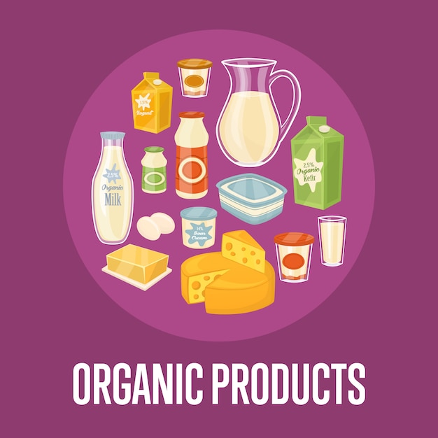 Vector ilustración de productos orgánicos con composición láctea