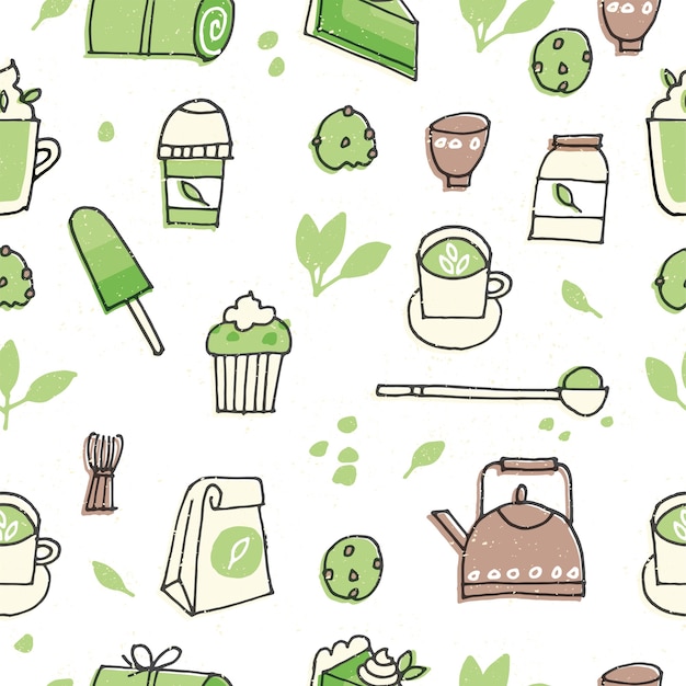 Ilustración de productos de té matcha. dibujar a mano juego de té, café y dulces. patrón sin costuras.