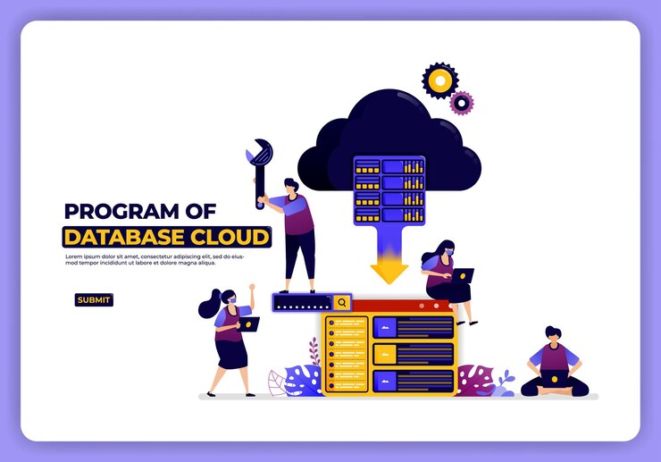 Vector ilustración del programa de la nube de base de datos. sistema de alojamiento y almacenamiento. diseñado para la página de destino