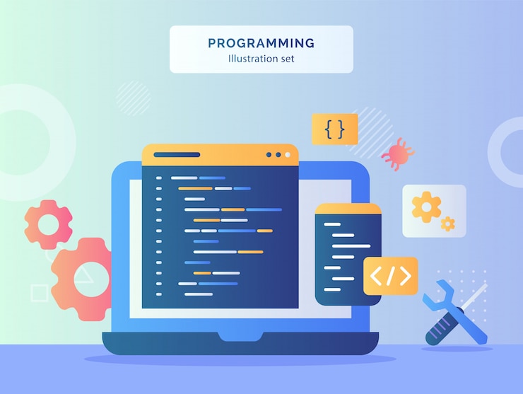 Vector la ilustración de programación establece el programa de lenguaje de codificación en el fondo de la computadora portátil del monitor de pantalla del error de engranaje de destornillador de llave de símbolo mecánico con estilo plano.