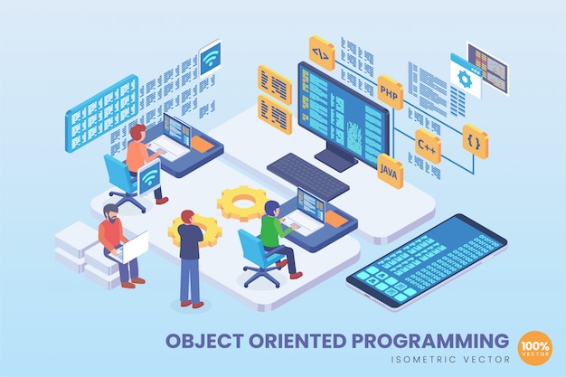 Vector ilustración de programación orientada a objetos isométricos