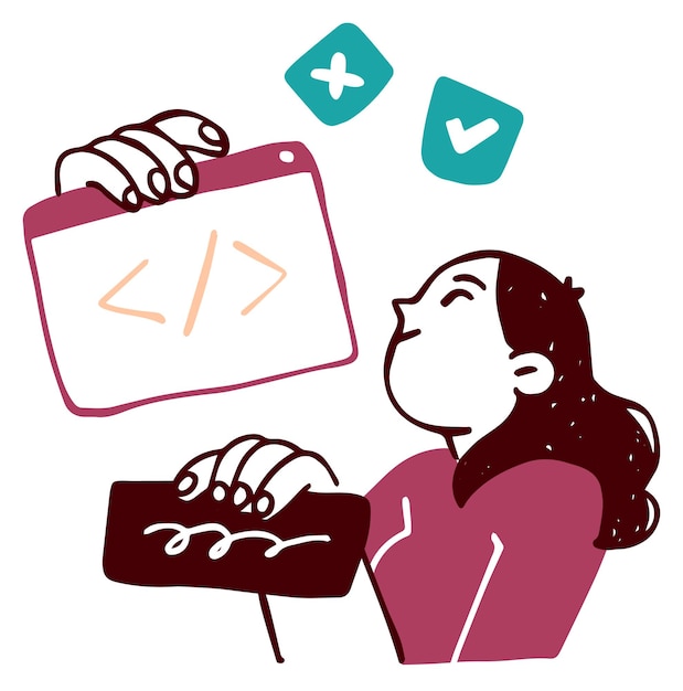 Ilustración de programadora femenina con símbolos de codificación