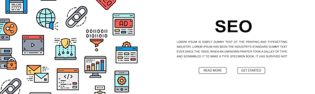 Ilustración de promoción de diseño de banner de icono horizontal SEO para presentación de encabezado de página web