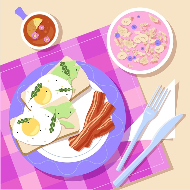 Ilustración promocional del vector de desayuno, plato con tostadas de aguacate, huevos, plato de cereal, taza de té