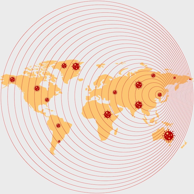 Ilustración de la propagación del virus en todo el mundo mapa de distribución del coronavirus distribución del nuevo coronavirus covid19 en el mapa covid19 se distribuye en todo el mundo vector