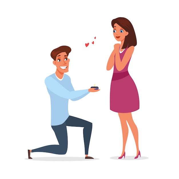 Ilustración de propuesta de compromiso hombre elegante de rodillas dando anillo chica impresionada con mejillas sonrojadas oferta de matrimonio momento de relación romántica