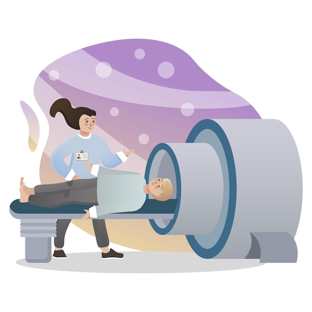 Ilustración de prueba de resonancia magnética mujer hombre médico vector editable.