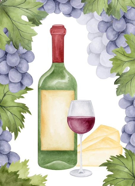 Ilustración de prueba de vino de acuarela Fondo de vino Viñedo