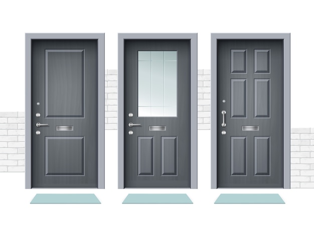 Ilustración de puerta de entrada blanca cerrada Conjunto de puertas de madera Apartamento interior puerta cerrada con bisagra de hierro