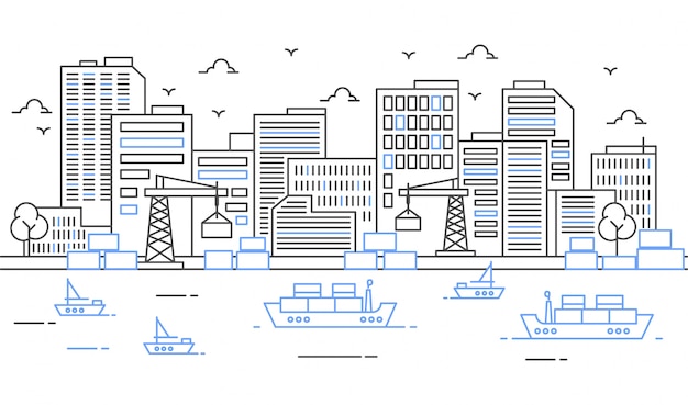 Ilustración de un puerto con grandes barcos y carga en estilo de línea delgada