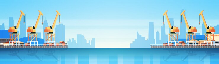 Vector ilustración del puerto marítimo industrial, contenedor de logística de carga para importación y exportación, concepto de envío