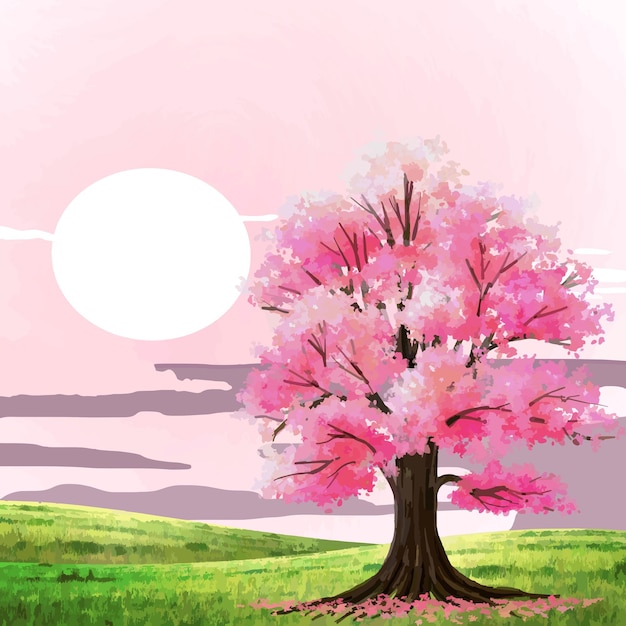 Ilustración de la puesta de sol y los cerezos