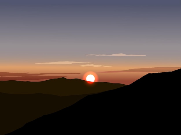 Ilustración de puesta de sol con montaña y sol en el horizonte