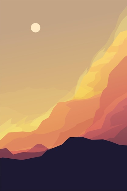 Vector ilustración de la puesta de sol en las montañas en colores naranjas paisaje ventoso en diseño sencillo en capas