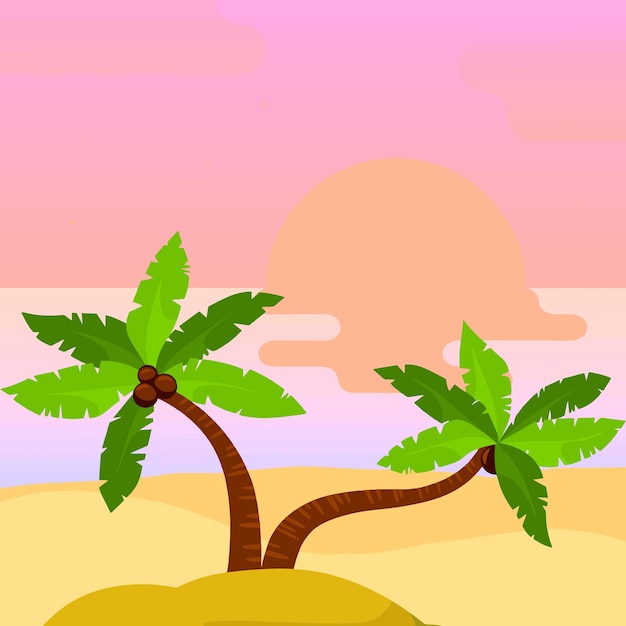 Vector ilustración de la puesta de sol en la playa y los cocoteros