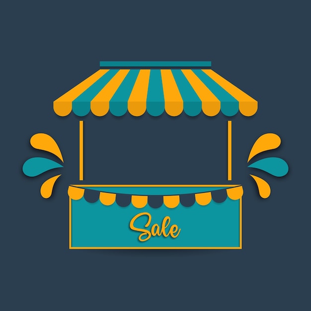 Ilustración de un puesto de mercado móvil con toldo colorido y cartel de oferta