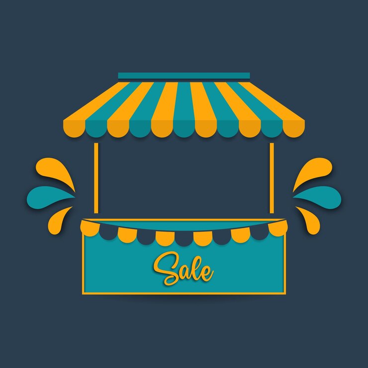 Ilustración de un puesto de mercado móvil con toldo colorido y cartel de oferta