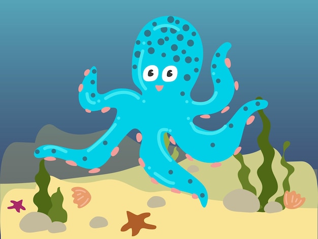 Ilustración de un pulpo de dibujos animados bajo el agua Mundo submarino con un pulpo gracioso Un pulpo
