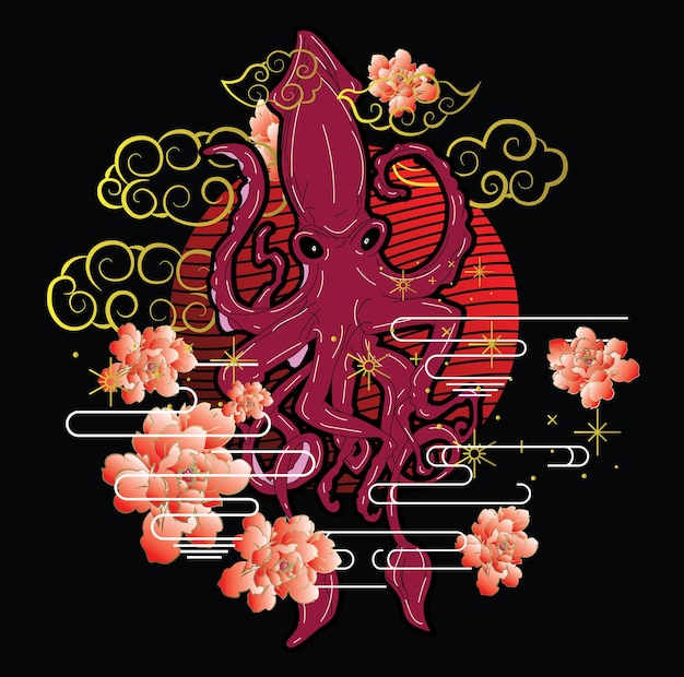 Vector ilustración de pulpo con estilo japonés para el evento monster kaijune