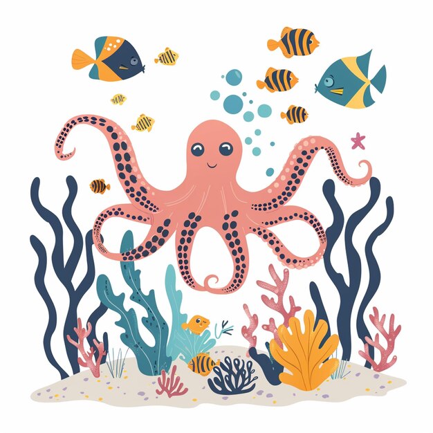 una ilustración de un pulpo y un pez bajo el agua