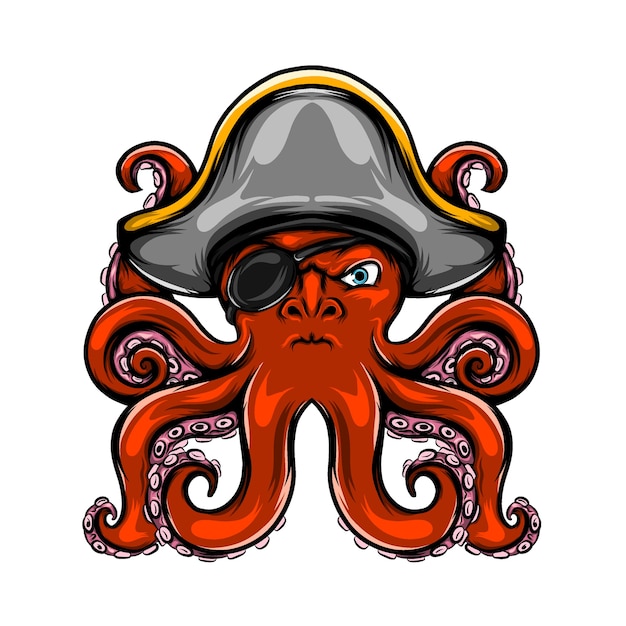 La ilustración del pulpo piratas tiene un solo ojo y su color es rojo con muchos tentáculos