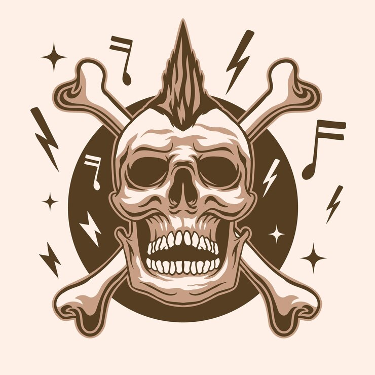 Ilustración de punk rock de calavera en estilo monocromático.