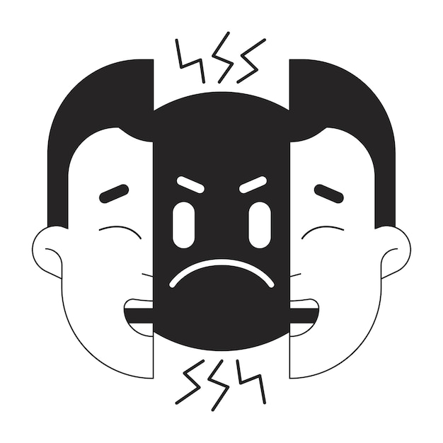 Ilustración de punto vectorial de concepto de bw de dos caras Hipócrita tipo falso cara dividida Personaje monocromático de línea plana de dibujos animados 2D para diseño de interfaz de usuario web Trastorno bipolar imagen de héroe de contorno aislado editable
