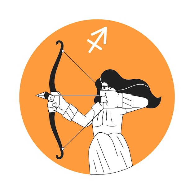 Vector ilustración de puntos vectoriales monocromáticos de tiro con arco mujer valiente con arco personaje de dibujos animados 2d plano bw para diseño de interfaz de usuario web sagitario zodiaco aislado editable imagen de héroe dibujada a mano