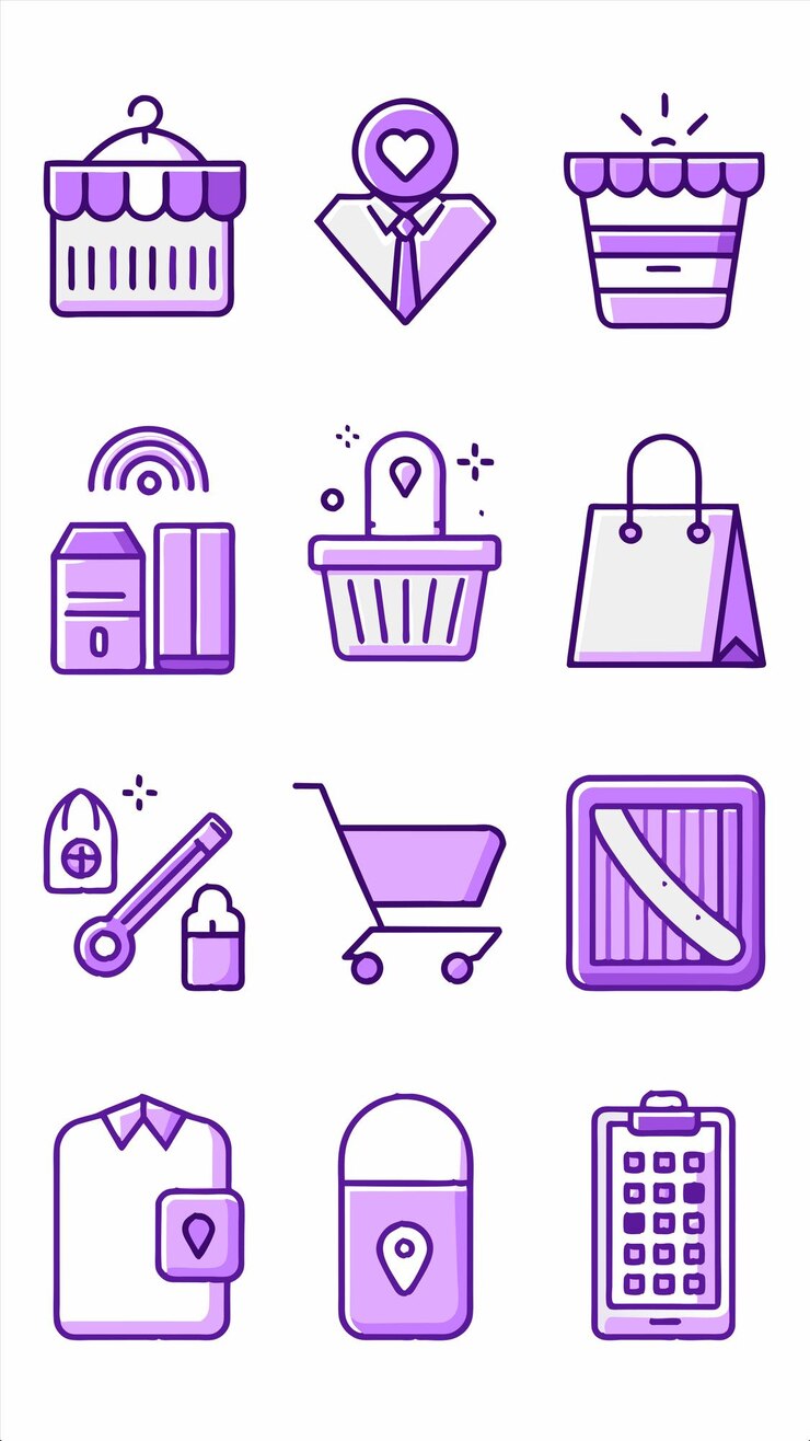 Vector una ilustración púrpura de un carrito de compras con una bolsa púrpura y una bolsa de compras