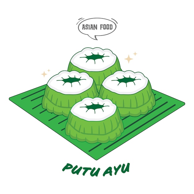 Ilustración de putu ayu pastel tradicional indonesio con aroma de pandan y cobertura de coco rallado