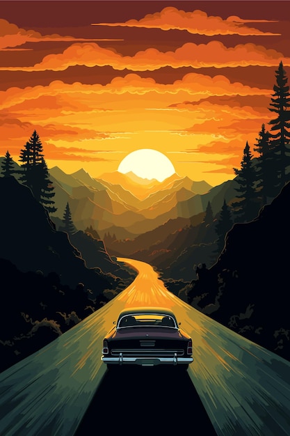 Vector una ilustración que captura la silueta de un coche conduciendo a lo largo de una carretera sinuosa durante el atardecer