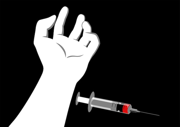 Ilustración que muestra una mano fláccida en el suelo junto a una jeringa, concientización sobre las duras realidades de la adicción a las drogas, el abuso de sustancias, la sobredosis de drogas y la importancia de buscar ayuda