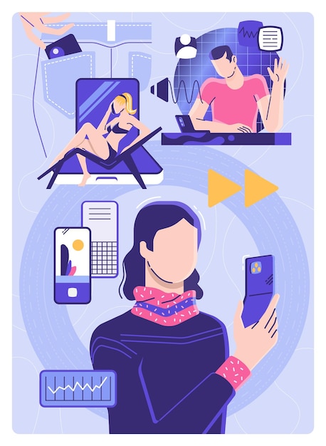 Ilustración que presenta varias escenas de personas en varias poses y situaciones usando teléfonos inteligentes