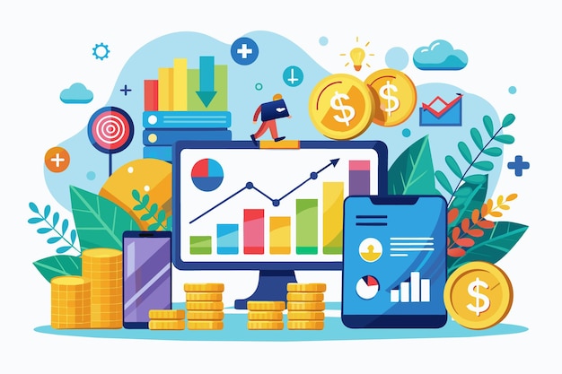 Una ilustración que representa el crecimiento del negocio y el éxito financiero con gráficos y gráficos en una computadora de escritorio y un teléfono inteligente rodeado de monedas y otros elementos visuales