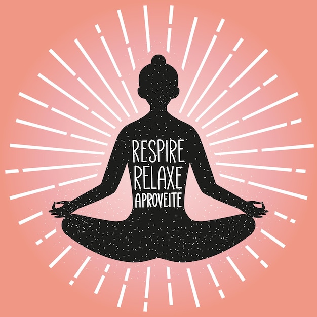 Ilustración que representa la meditación y el yoga con frase en traducción al portugués brasileño Respira, relájate, disfruta