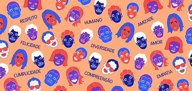 Ilustración que simboliza la diversidad en portugués brasileño. traducción - respeto, humano, amistad, felicidad, diversidad, amor, complicidad, comprensión, empatía.