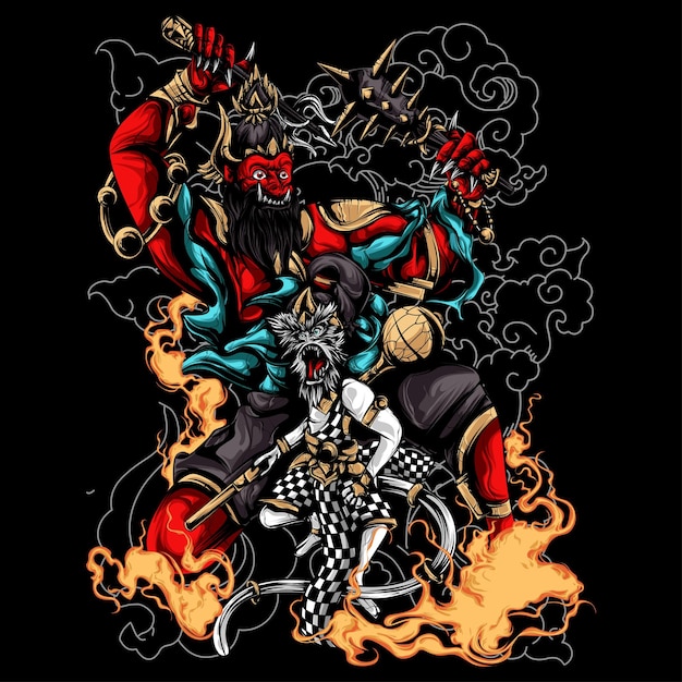 Ilustración Rahwana x Anoman con estilo único de tinta y color