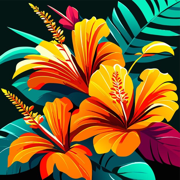 Vector ilustración de una rama de estilo realista de una palmera tropical con flores de hibisco