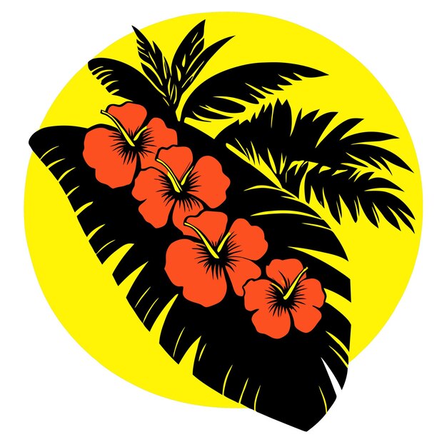 Vector ilustración de una rama de estilo realista de una palmera tropical con flores de hibisco